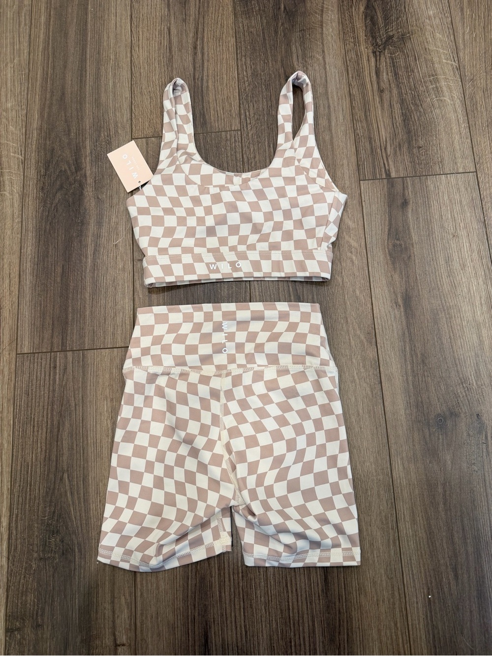 Wilo The Label Checkerboard Crop Tank and Bike Short Set in Beige, Size XS, NWT - Picture 4 of 4